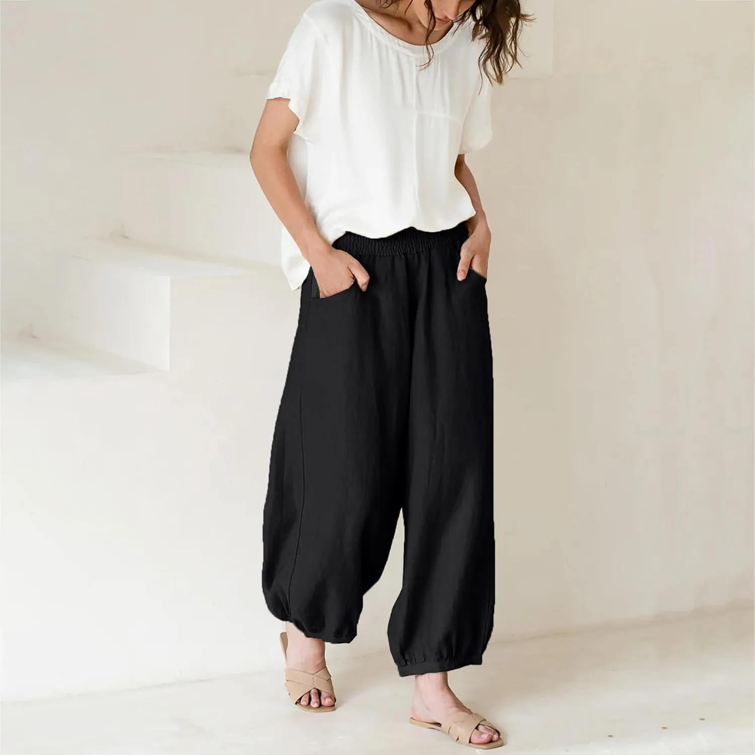 Maixang Women's Cotton Linen Wide Leg Pants Casual High Waist Palazzo Pants Summer Elastic Lounge Trousers with Pockets