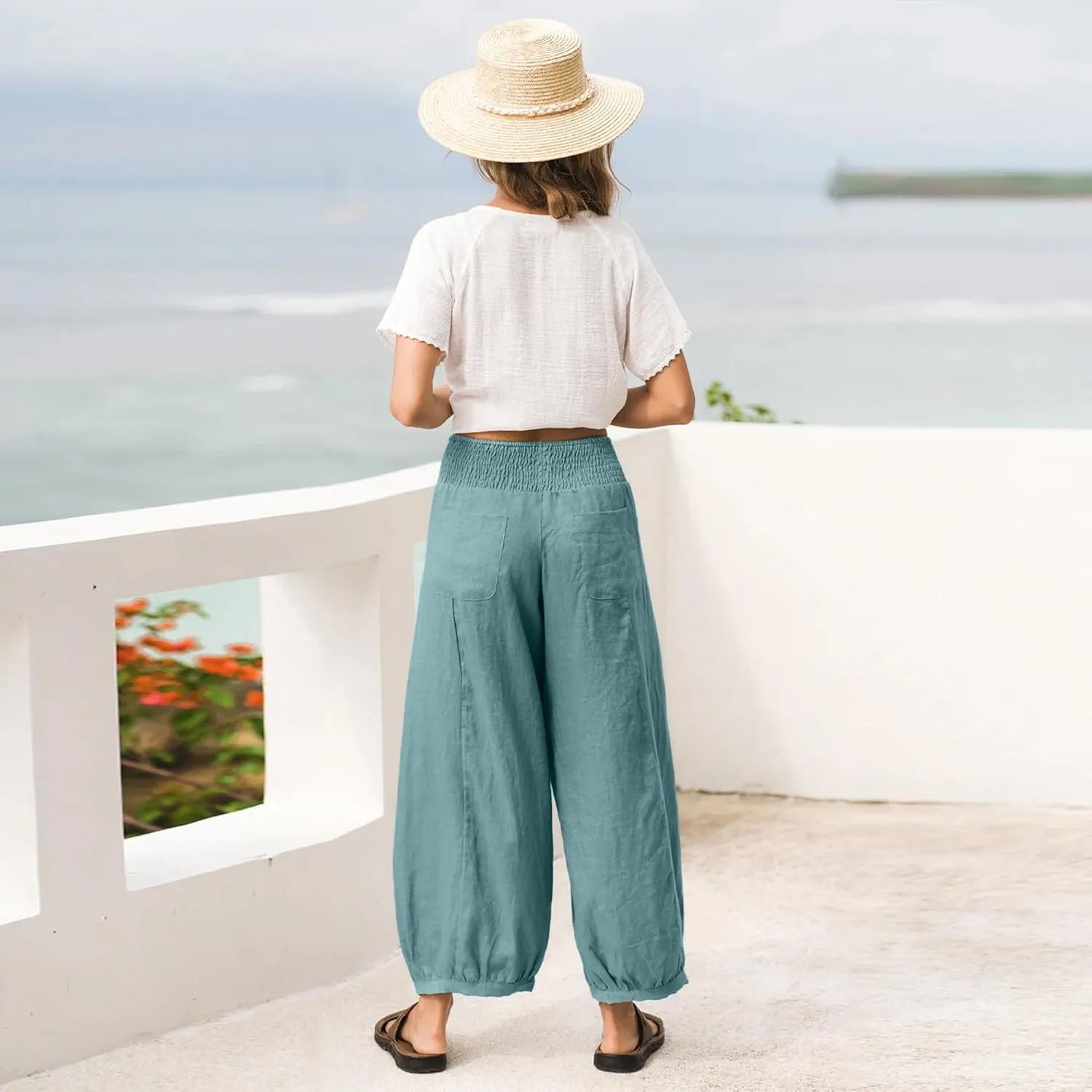 Maixang Women's Cotton Linen Wide Leg Pants Casual High Waist Palazzo Pants Summer Elastic Lounge Trousers with Pockets