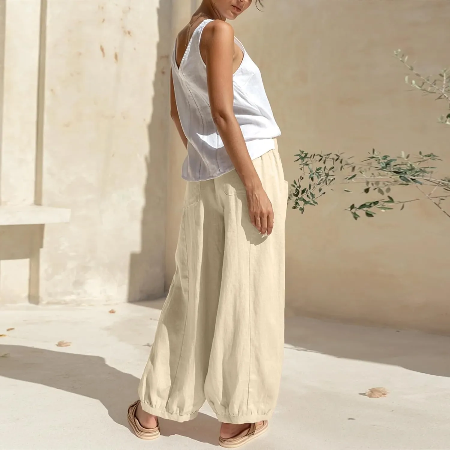 Maixang Women's Cotton Linen Wide Leg Pants Casual High Waist Palazzo Pants Summer Elastic Lounge Trousers with Pockets