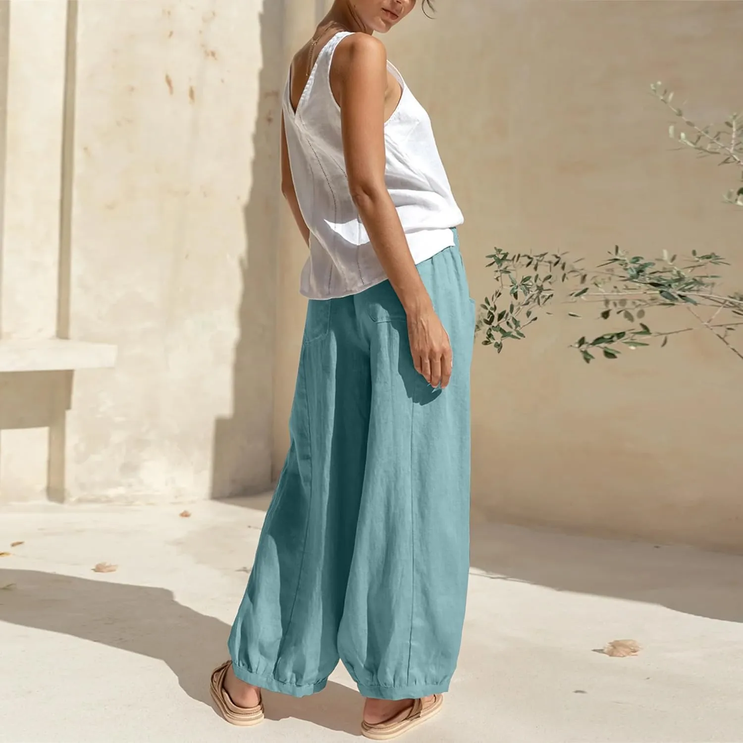 Maixang Women's Cotton Linen Wide Leg Pants Casual High Waist Palazzo Pants Summer Elastic Lounge Trousers with Pockets