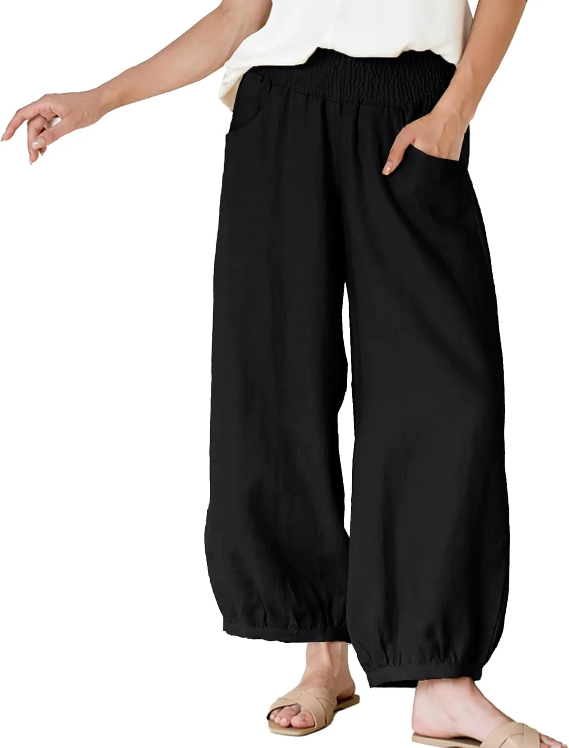 Maixang Women's Cotton Linen Wide Leg Pants Casual High Waist Palazzo Pants Summer Elastic Lounge Trousers with Pockets