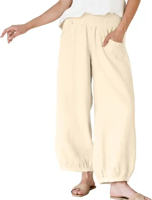Maixang Women's Cotton Linen Wide Leg Pants Casual High Waist Palazzo Pants Summer Elastic Lounge Trousers with Pockets