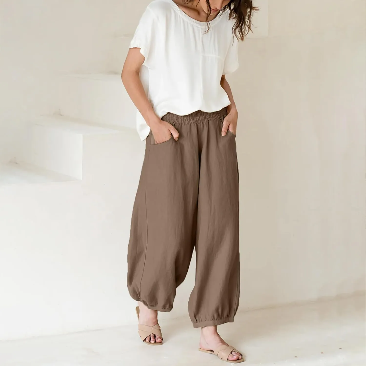 Maixang Women's Cotton Linen Wide Leg Pants Casual High Waist Palazzo Pants Summer Elastic Lounge Trousers with Pockets