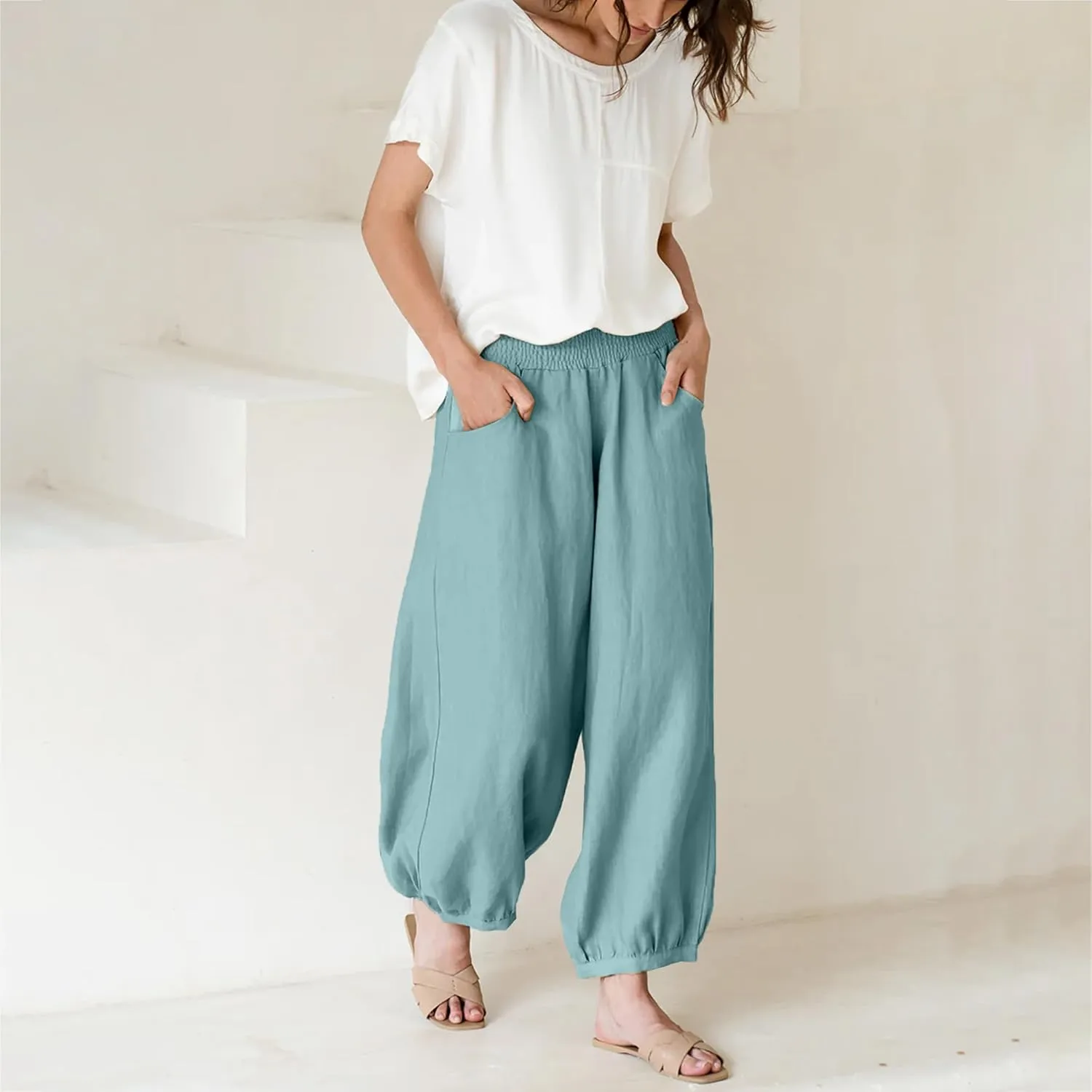 Maixang Women's Cotton Linen Wide Leg Pants Casual High Waist Palazzo Pants Summer Elastic Lounge Trousers with Pockets
