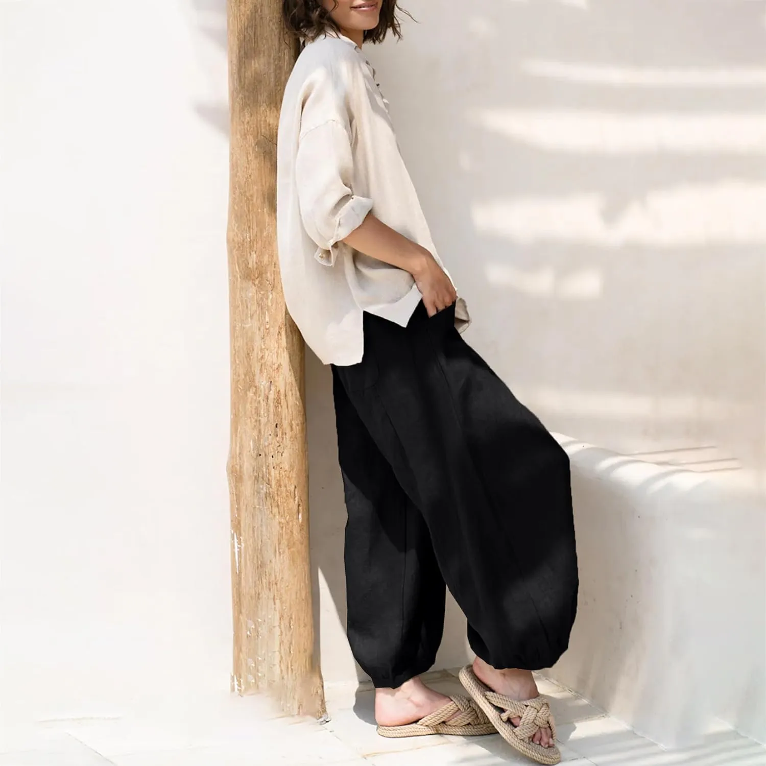 Maixang Women's Cotton Linen Wide Leg Pants Casual High Waist Palazzo Pants Summer Elastic Lounge Trousers with Pockets