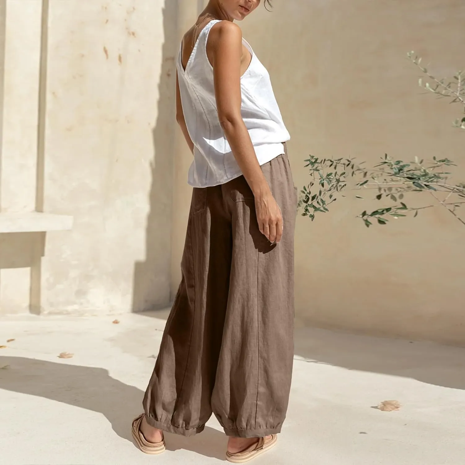 Maixang Women's Cotton Linen Wide Leg Pants Casual High Waist Palazzo Pants Summer Elastic Lounge Trousers with Pockets