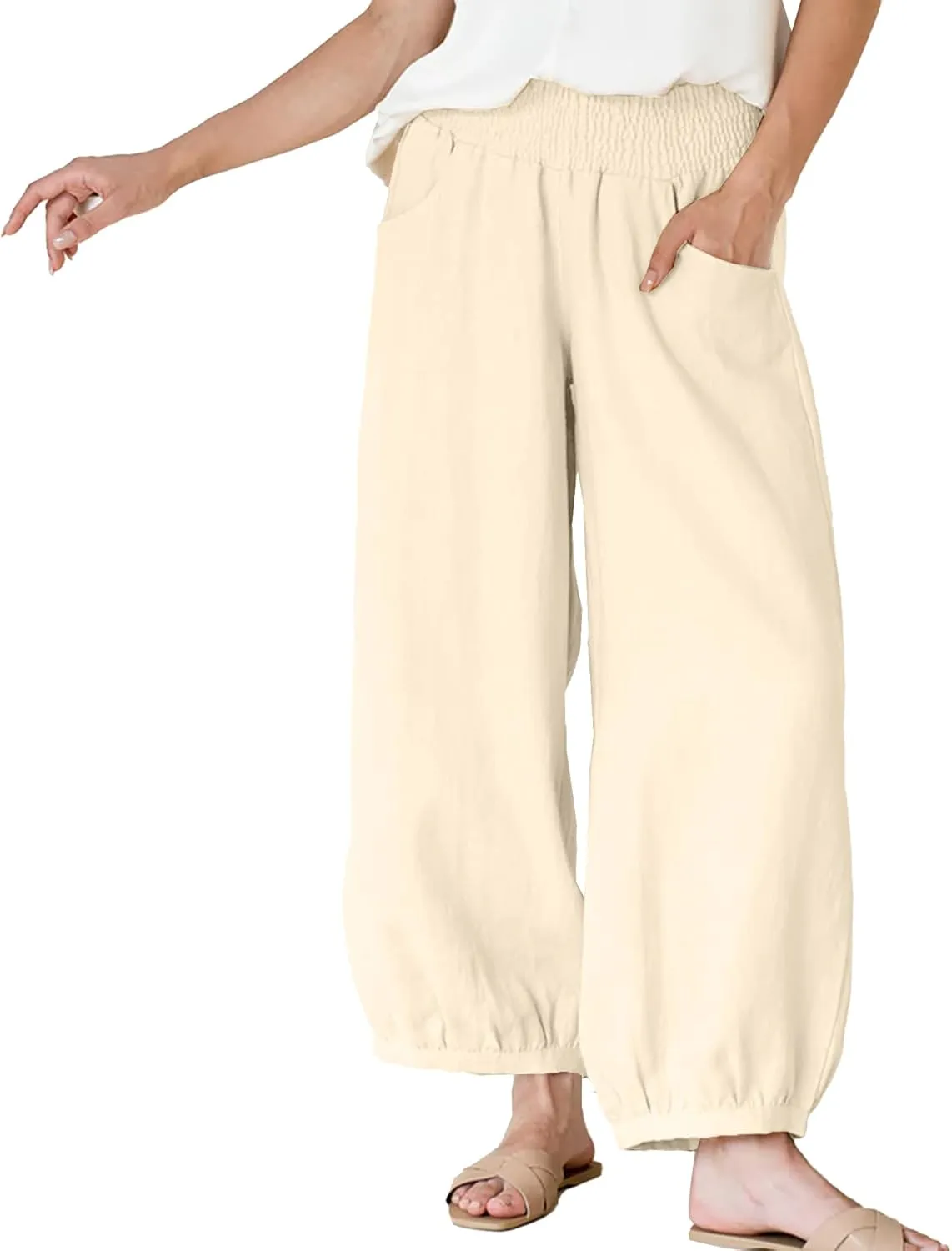 Maixang Women's Cotton Linen Wide Leg Pants Casual High Waist Palazzo Pants Summer Elastic Lounge Trousers with Pockets