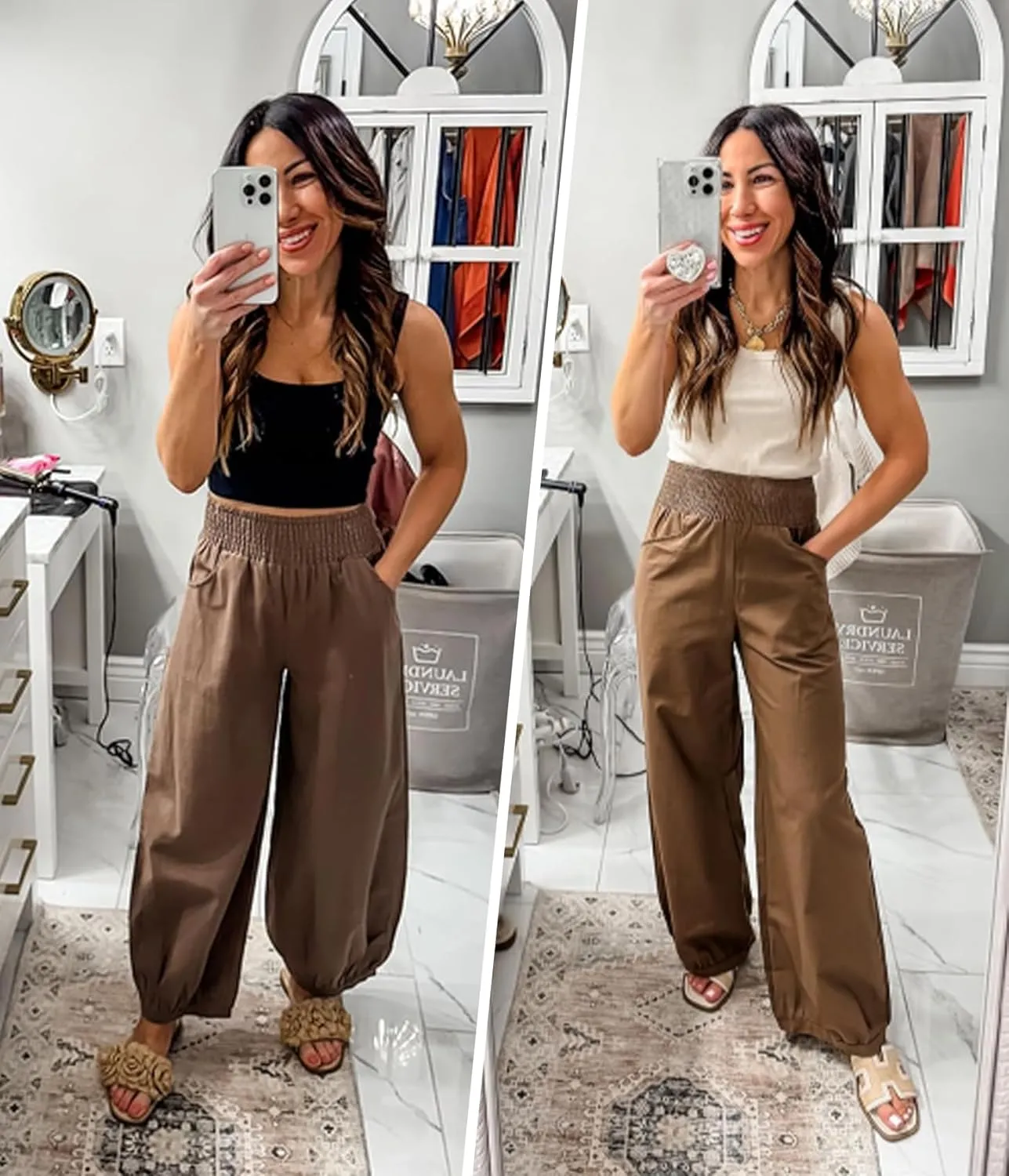 Maixang Women's Cotton Linen Wide Leg Pants Casual High Waist Palazzo Pants Summer Elastic Lounge Trousers with Pockets