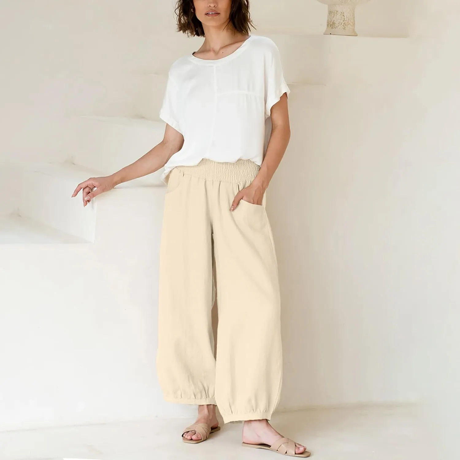 Maixang Women's Cotton Linen Wide Leg Pants Casual High Waist Palazzo Pants Summer Elastic Lounge Trousers with Pockets