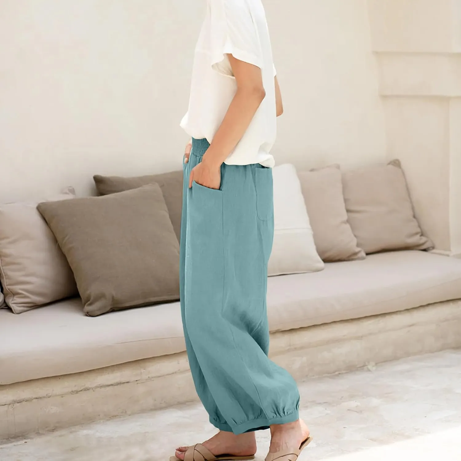 Maixang Women's Cotton Linen Wide Leg Pants Casual High Waist Palazzo Pants Summer Elastic Lounge Trousers with Pockets