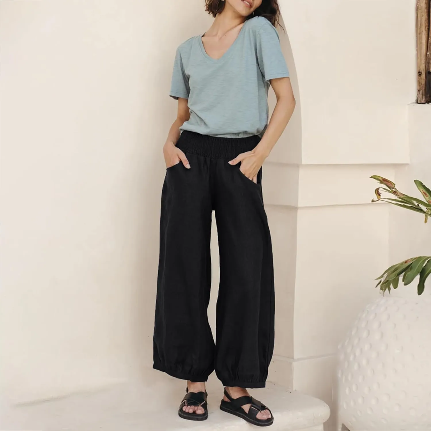 Maixang Women's Cotton Linen Wide Leg Pants Casual High Waist Palazzo Pants Summer Elastic Lounge Trousers with Pockets