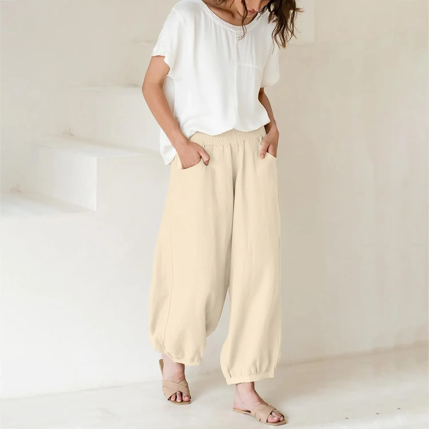 Maixang Women's Cotton Linen Wide Leg Pants Casual High Waist Palazzo Pants Summer Elastic Lounge Trousers with Pockets