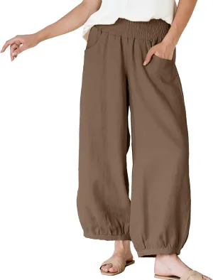 Maixang Women's Cotton Linen Wide Leg Pants Casual High Waist Palazzo Pants Summer Elastic Lounge Trousers with Pockets