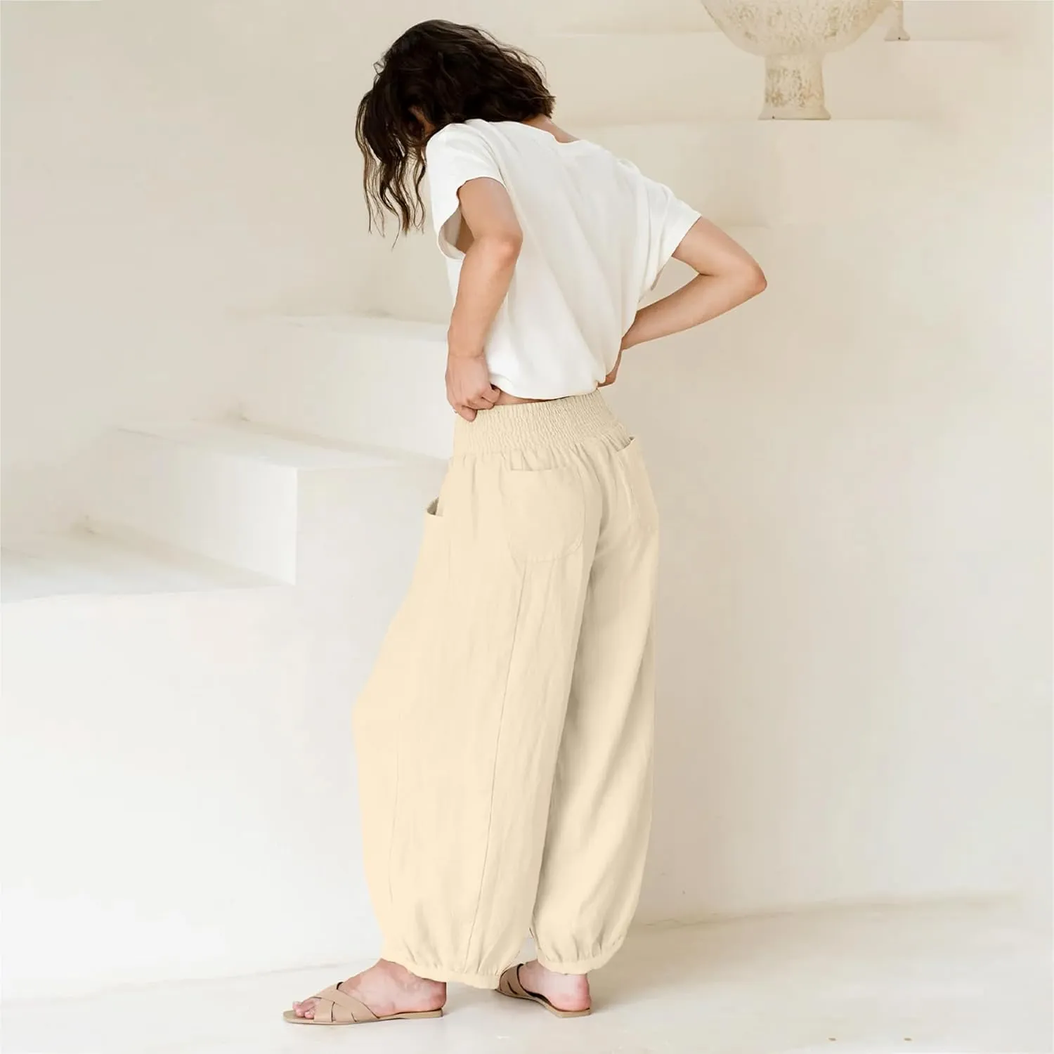 Maixang Women's Cotton Linen Wide Leg Pants Casual High Waist Palazzo Pants Summer Elastic Lounge Trousers with Pockets