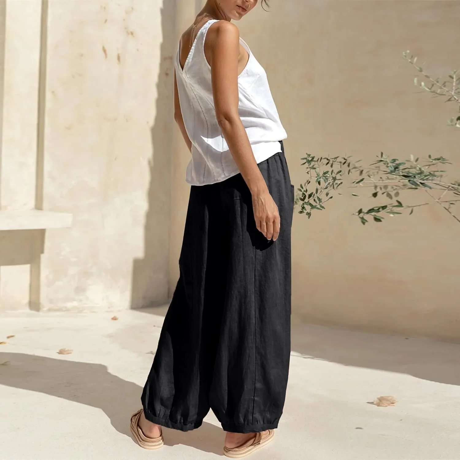 Maixang Women's Cotton Linen Wide Leg Pants Casual High Waist Palazzo Pants Summer Elastic Lounge Trousers with Pockets