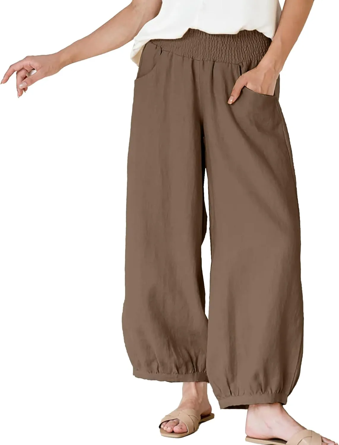 Maixang Women's Cotton Linen Wide Leg Pants Casual High Waist Palazzo Pants Summer Elastic Lounge Trousers with Pockets