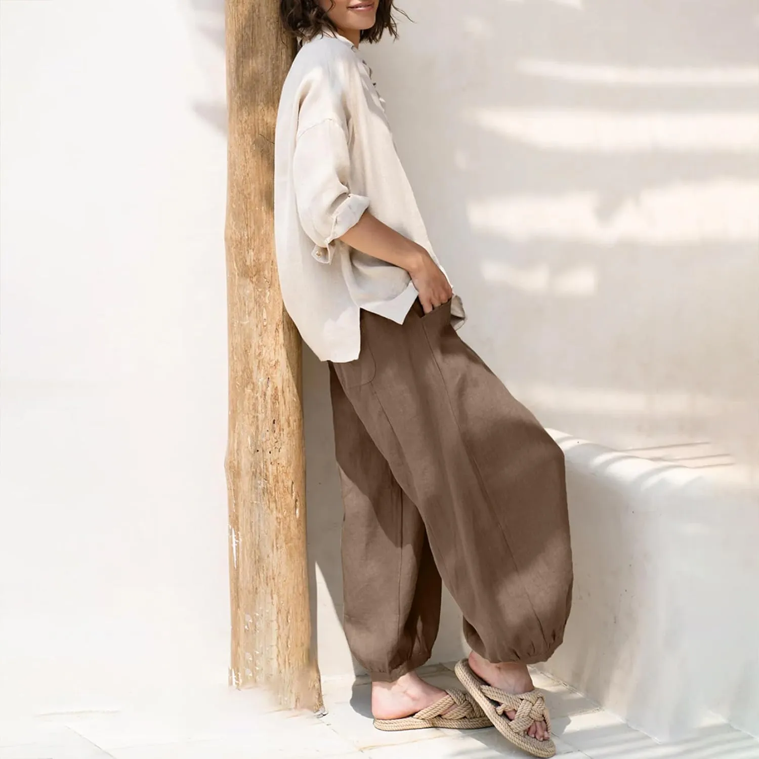 Maixang Women's Cotton Linen Wide Leg Pants Casual High Waist Palazzo Pants Summer Elastic Lounge Trousers with Pockets