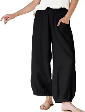 Maixang Women's Cotton Linen Wide Leg Pants Casual High Waist Palazzo Pants Summer Elastic Lounge Trousers with Pockets