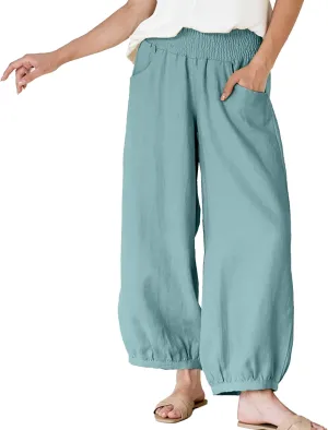 Maixang Women's Cotton Linen Wide Leg Pants Casual High Waist Palazzo Pants Summer Elastic Lounge Trousers with Pockets