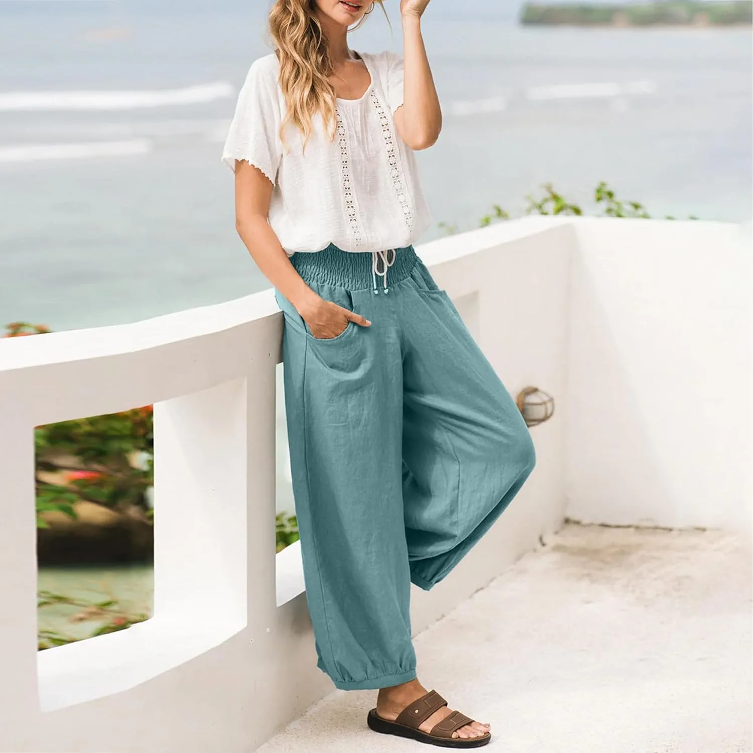 Maixang Women's Cotton Linen Wide Leg Pants Casual High Waist Palazzo Pants Summer Elastic Lounge Trousers with Pockets