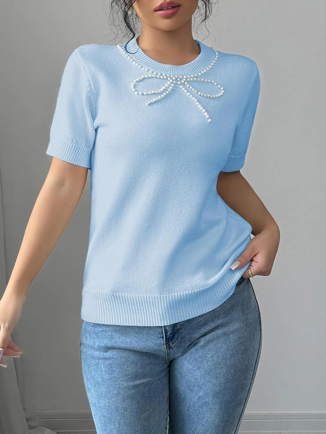 MakeMeChic Women's Bow Sweater Crew Neck Short Sleeve Knitted Pullover Beaded Tops