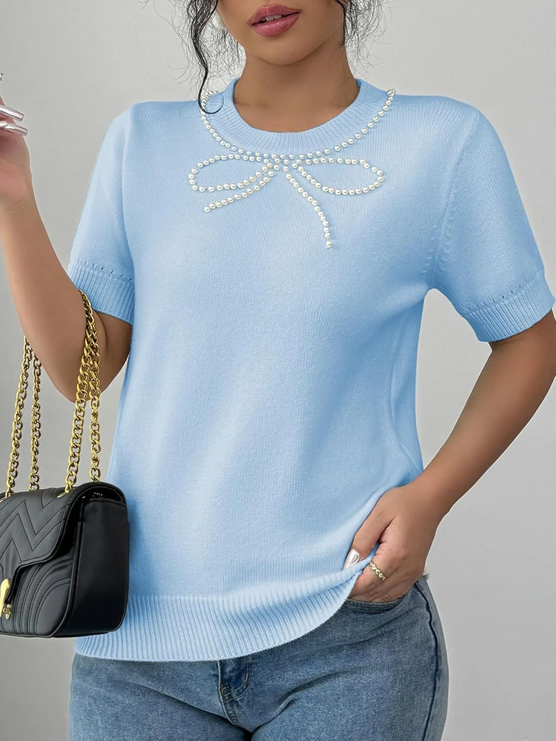 MakeMeChic Women's Bow Sweater Crew Neck Short Sleeve Knitted Pullover Beaded Tops