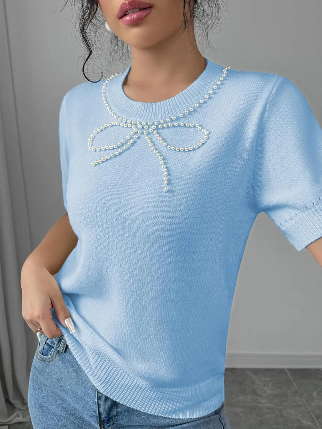 MakeMeChic Women's Bow Sweater Crew Neck Short Sleeve Knitted Pullover Beaded Tops