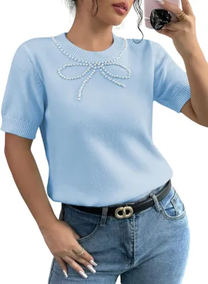 MakeMeChic Women's Bow Sweater Crew Neck Short Sleeve Knitted Pullover Beaded Tops