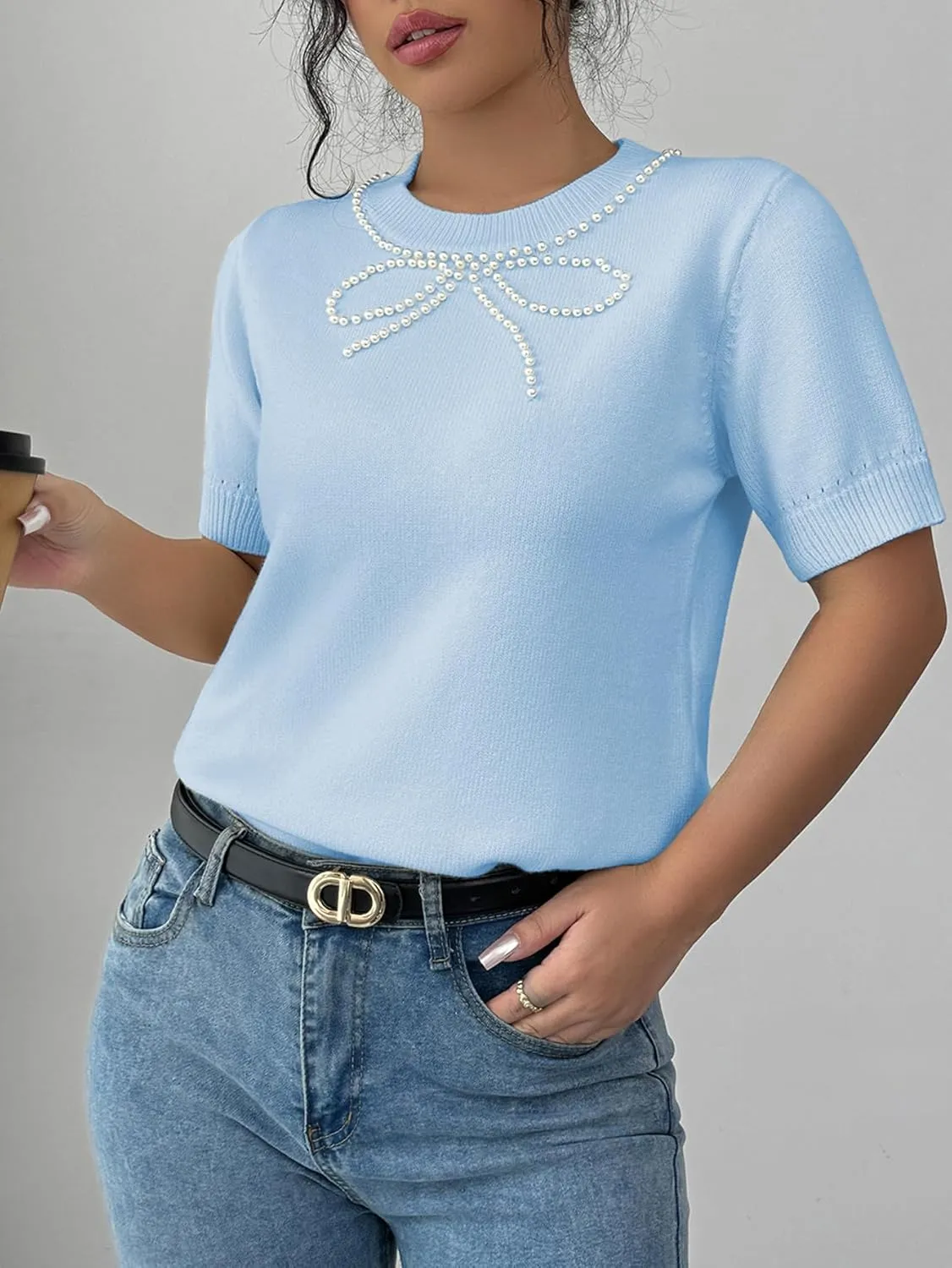 MakeMeChic Women's Bow Sweater Crew Neck Short Sleeve Knitted Pullover Beaded Tops