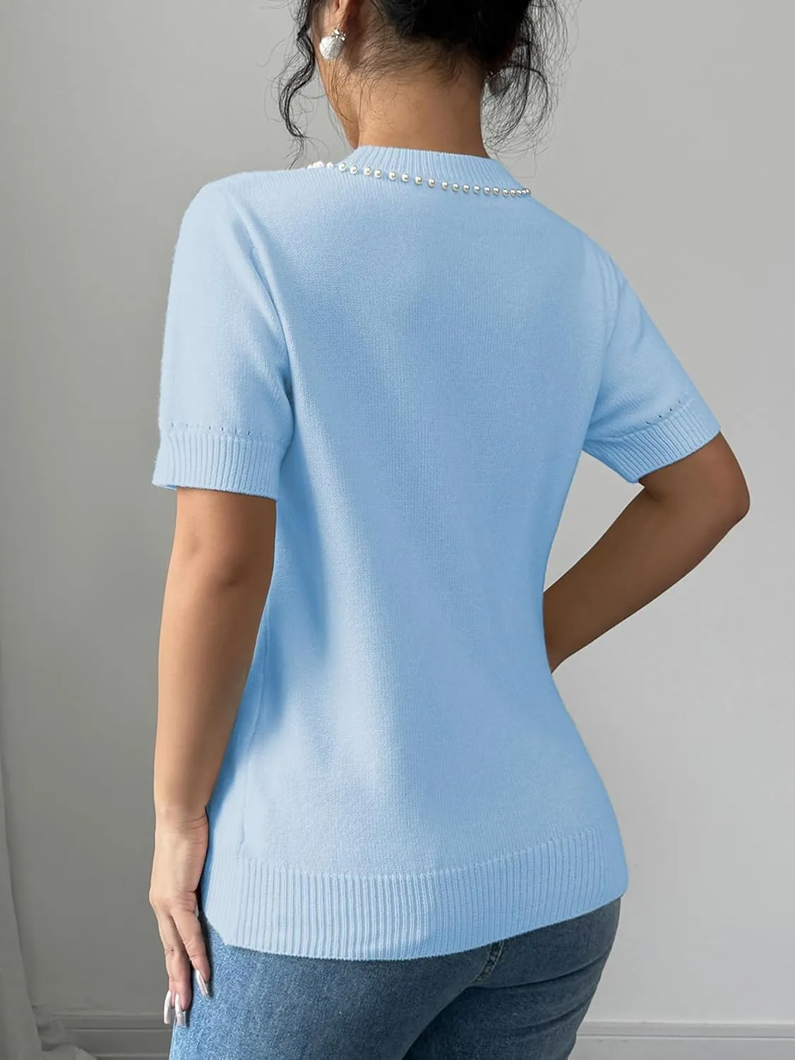 MakeMeChic Women's Bow Sweater Crew Neck Short Sleeve Knitted Pullover Beaded Tops