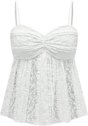 MakeMeChic Women's Floral Lace Cami Spaghetti Strap Camisole Flared Hem Ruched Summer Top