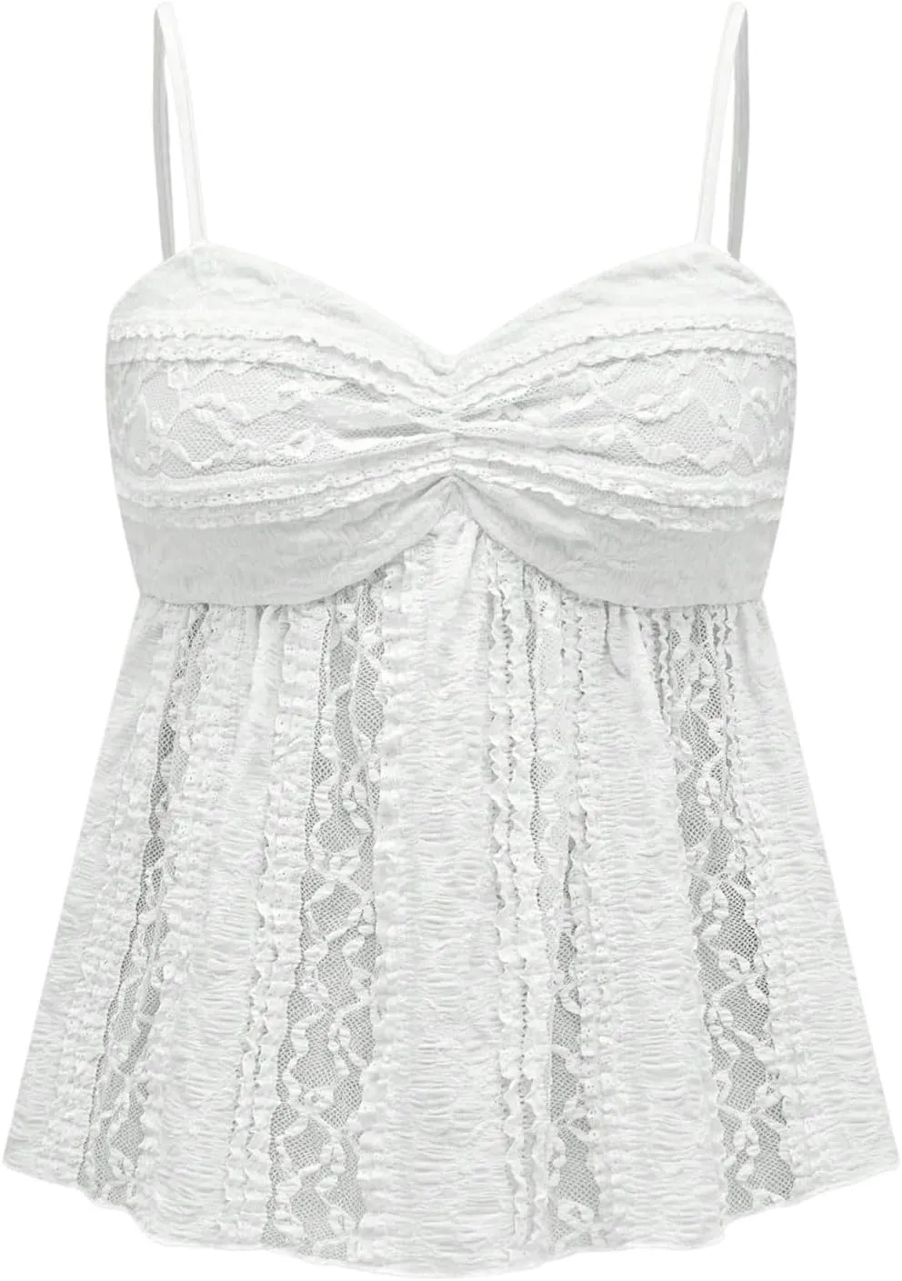 MakeMeChic Women's Floral Lace Cami Spaghetti Strap Camisole Flared Hem Ruched Summer Top