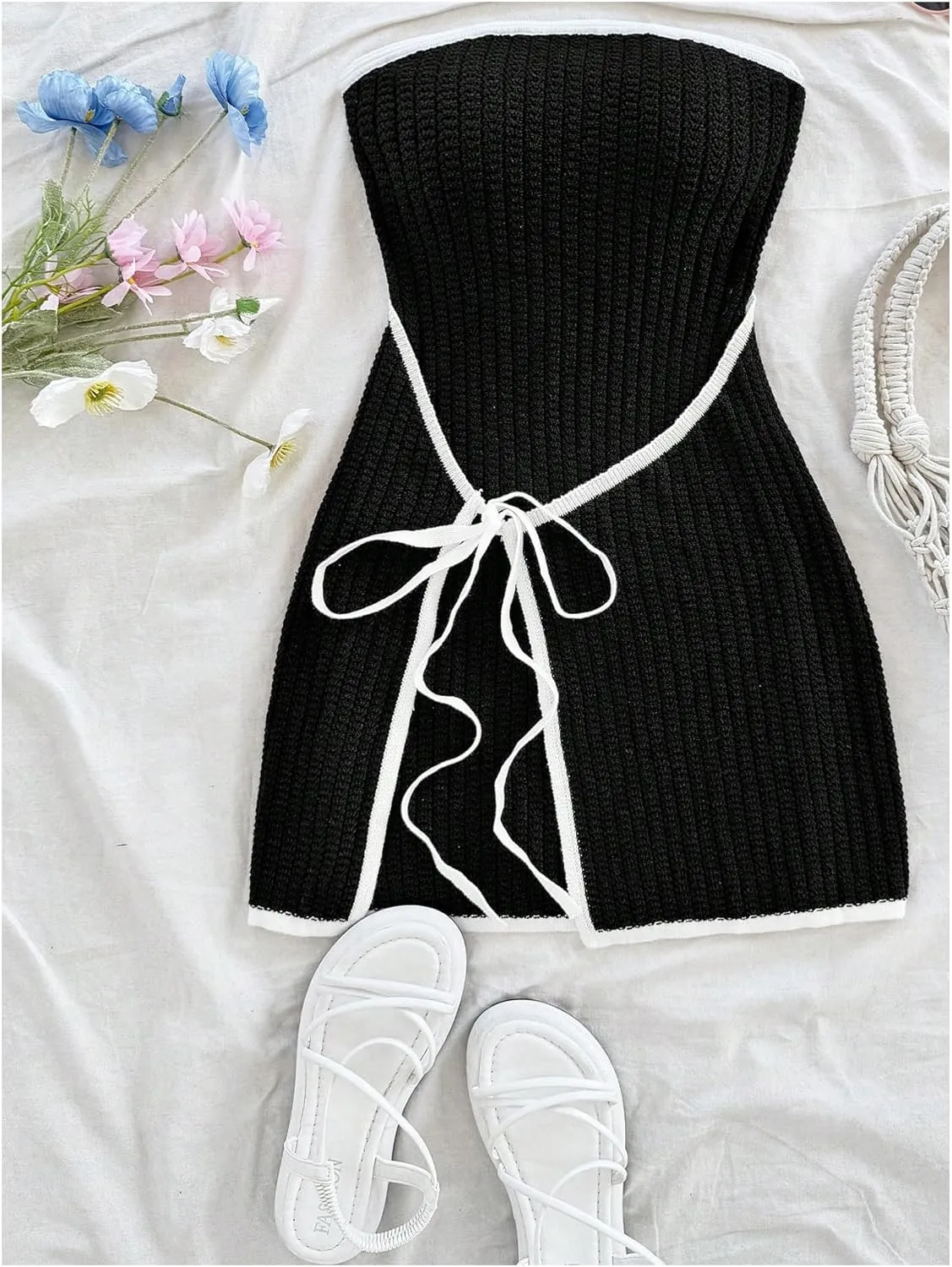 MakeMeChic Women's Knitted Strapless Dress Wrap Tie Front Sleeveless Bodycon Mini Tube Dresses