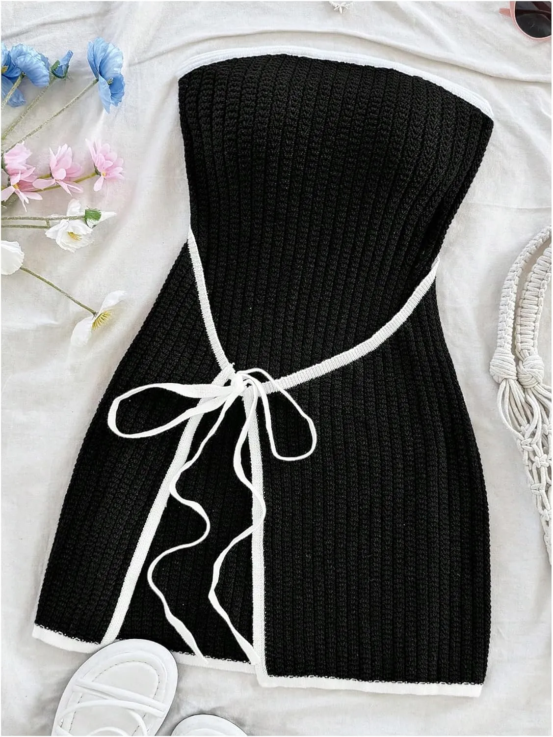 MakeMeChic Women's Knitted Strapless Dress Wrap Tie Front Sleeveless Bodycon Mini Tube Dresses