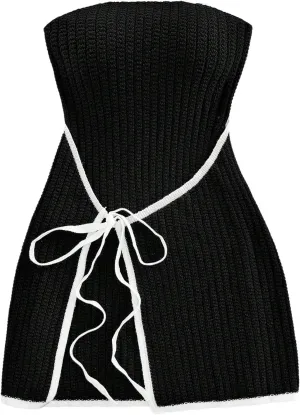 MakeMeChic Women's Knitted Strapless Dress Wrap Tie Front Sleeveless Bodycon Mini Tube Dresses