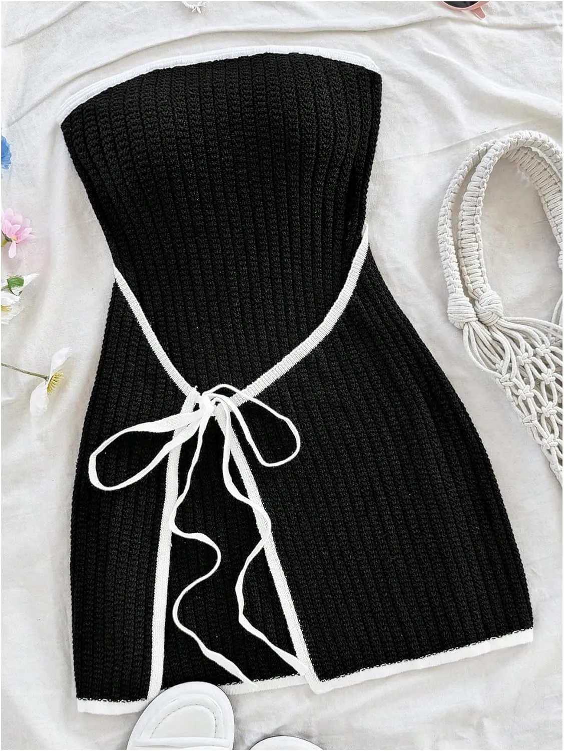 MakeMeChic Women's Knitted Strapless Dress Wrap Tie Front Sleeveless Bodycon Mini Tube Dresses