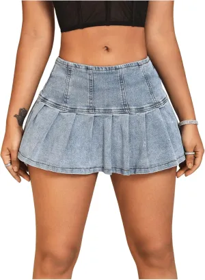 MakeMeChic Women's Pleated A Line Jean Skirts Zip Up Flared Hem Summer Mini Denim Skirt