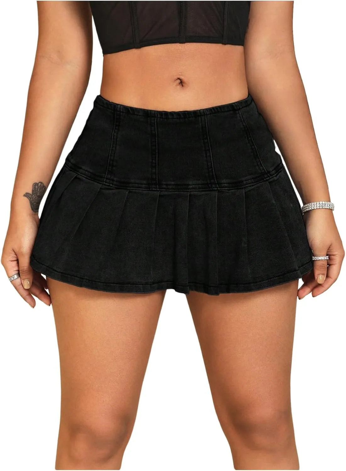 MakeMeChic Women's Pleated A Line Jean Skirts Zip Up Flared Hem Summer Mini Denim Skirt