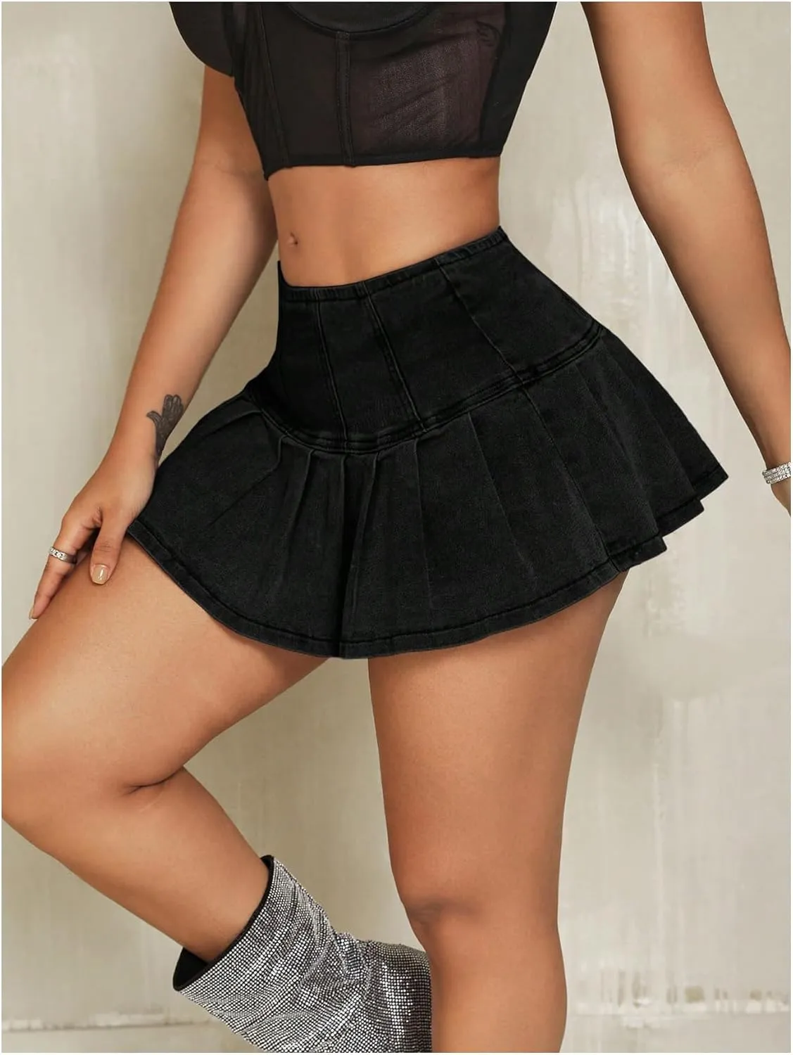 MakeMeChic Women's Pleated A Line Jean Skirts Zip Up Flared Hem Summer Mini Denim Skirt