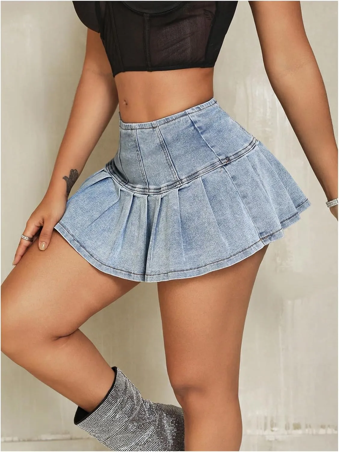 MakeMeChic Women's Pleated A Line Jean Skirts Zip Up Flared Hem Summer Mini Denim Skirt