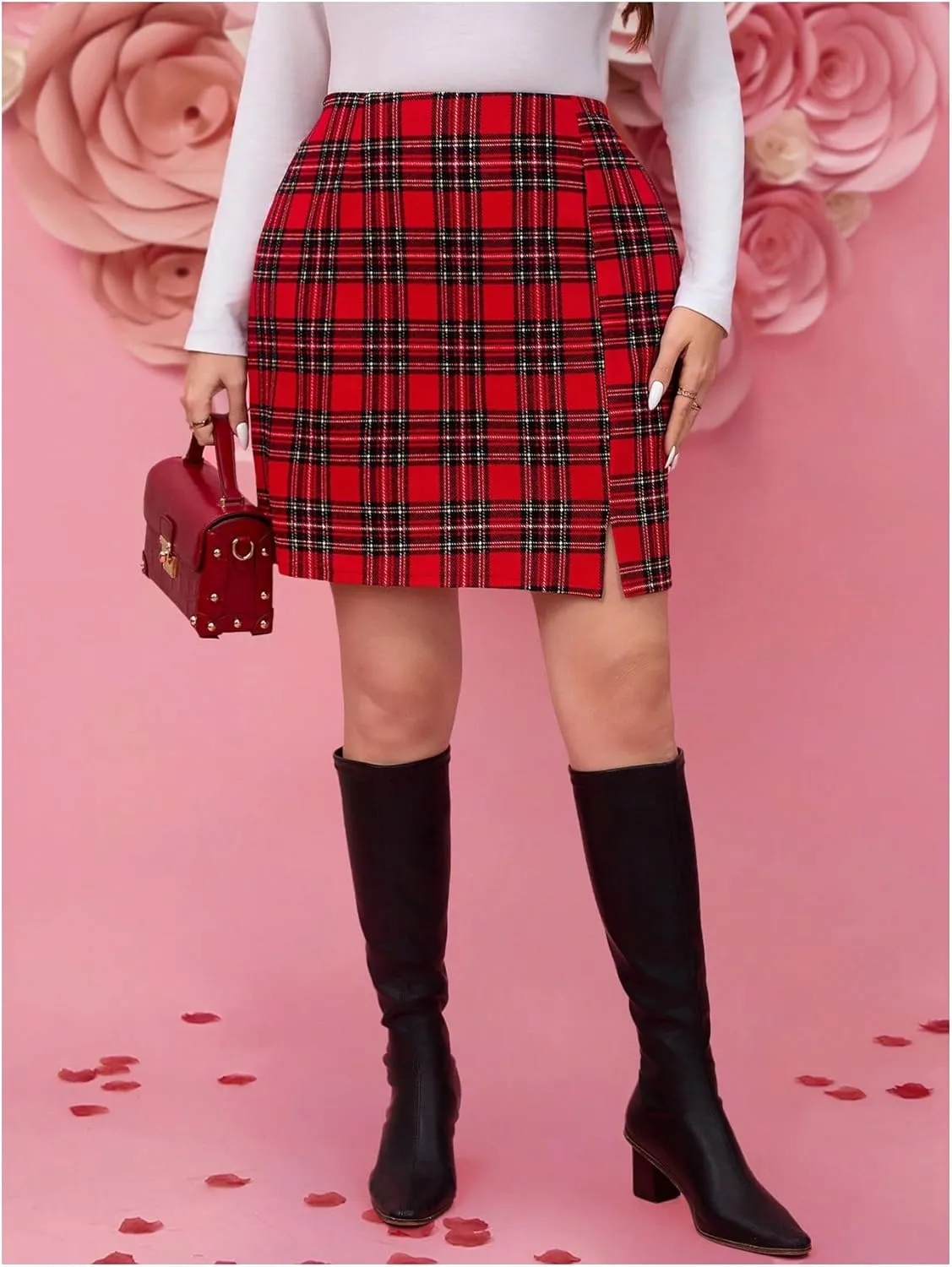 MakeMeChic Women's Plus Size Plaid Skirt Elastic High Waisted Pencil Mini Skirts