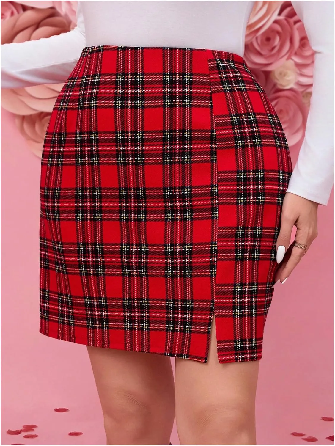 MakeMeChic Women's Plus Size Plaid Skirt Elastic High Waisted Pencil Mini Skirts