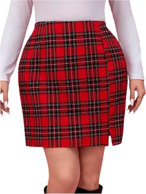 MakeMeChic Women's Plus Size Plaid Skirt Elastic High Waisted Pencil Mini Skirts