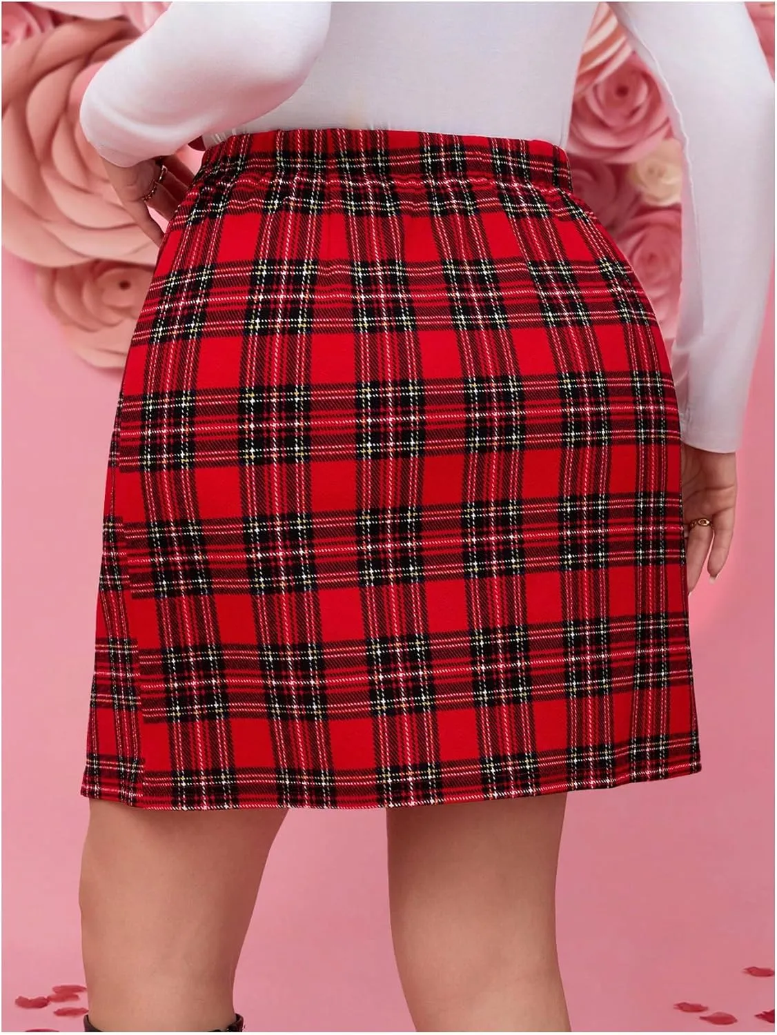 MakeMeChic Women's Plus Size Plaid Skirt Elastic High Waisted Pencil Mini Skirts