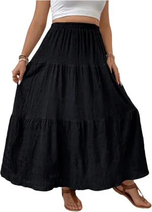 MakeMeChic Women's Plus Size Summer Maxi Skirt Tiered Ruffle Hem Flowy Long Skirts
