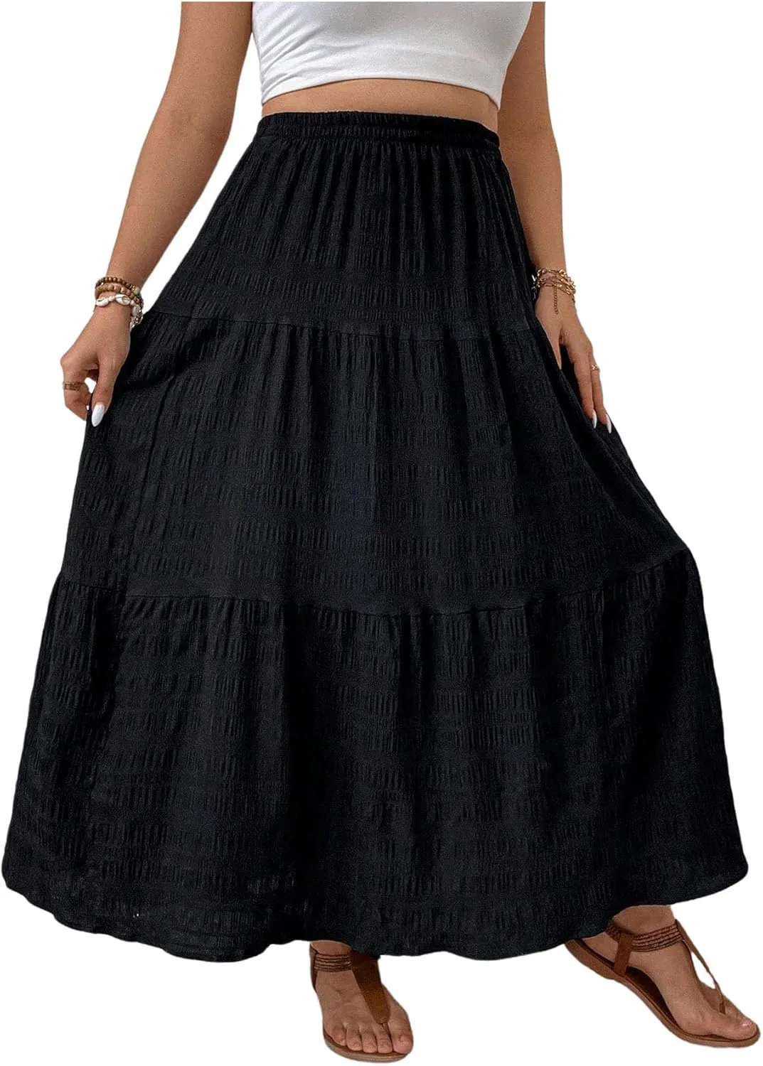 MakeMeChic Women's Plus Size Summer Maxi Skirt Tiered Ruffle Hem Flowy Long Skirts