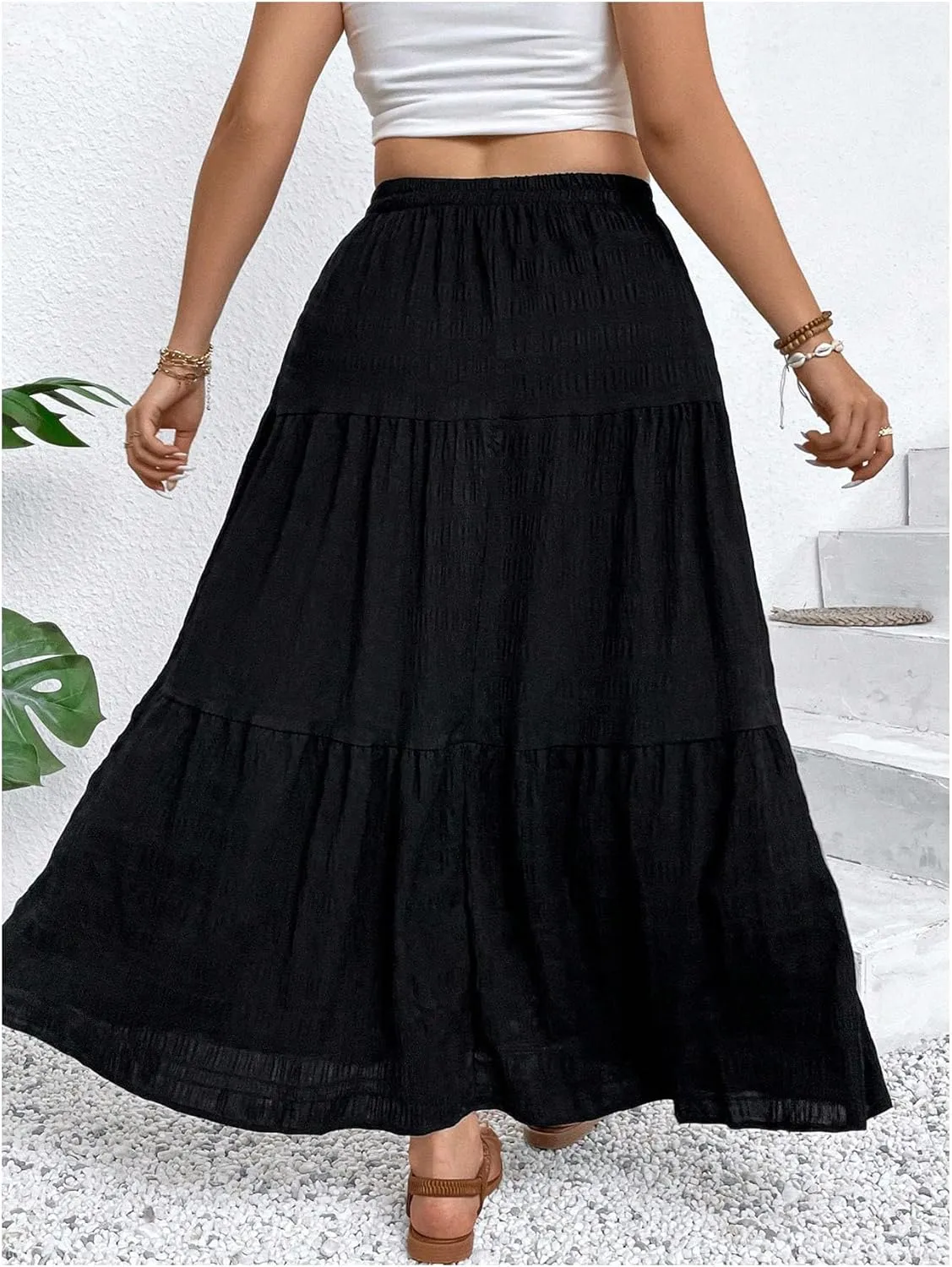 MakeMeChic Women's Plus Size Summer Maxi Skirt Tiered Ruffle Hem Flowy Long Skirts