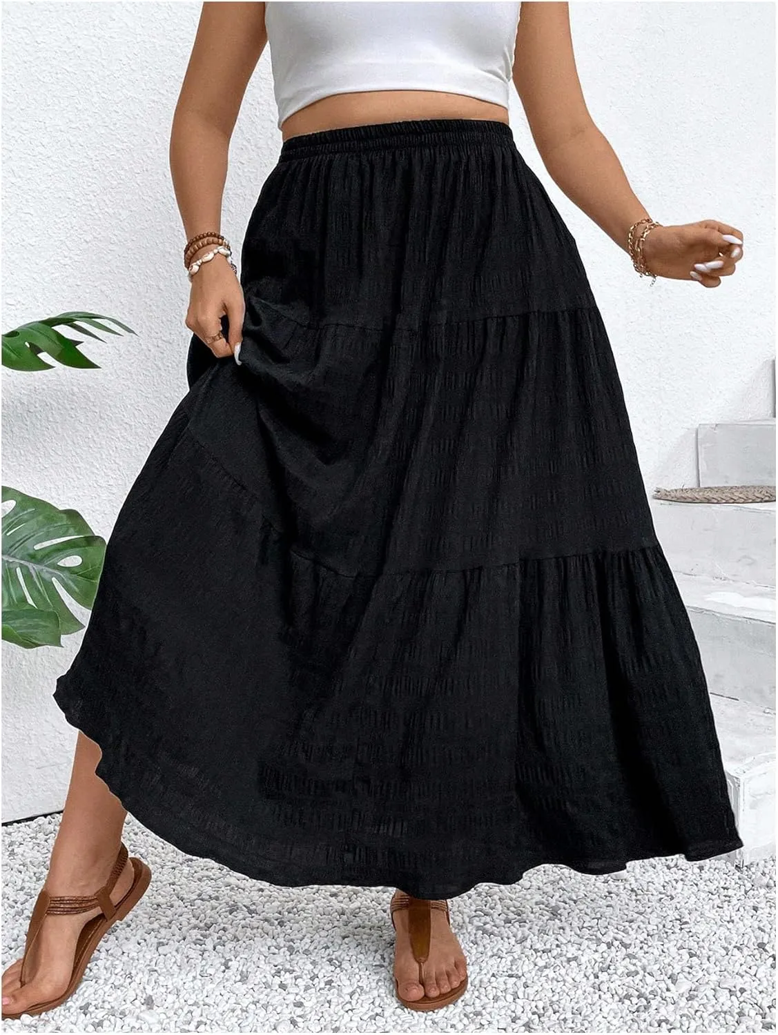 MakeMeChic Women's Plus Size Summer Maxi Skirt Tiered Ruffle Hem Flowy Long Skirts