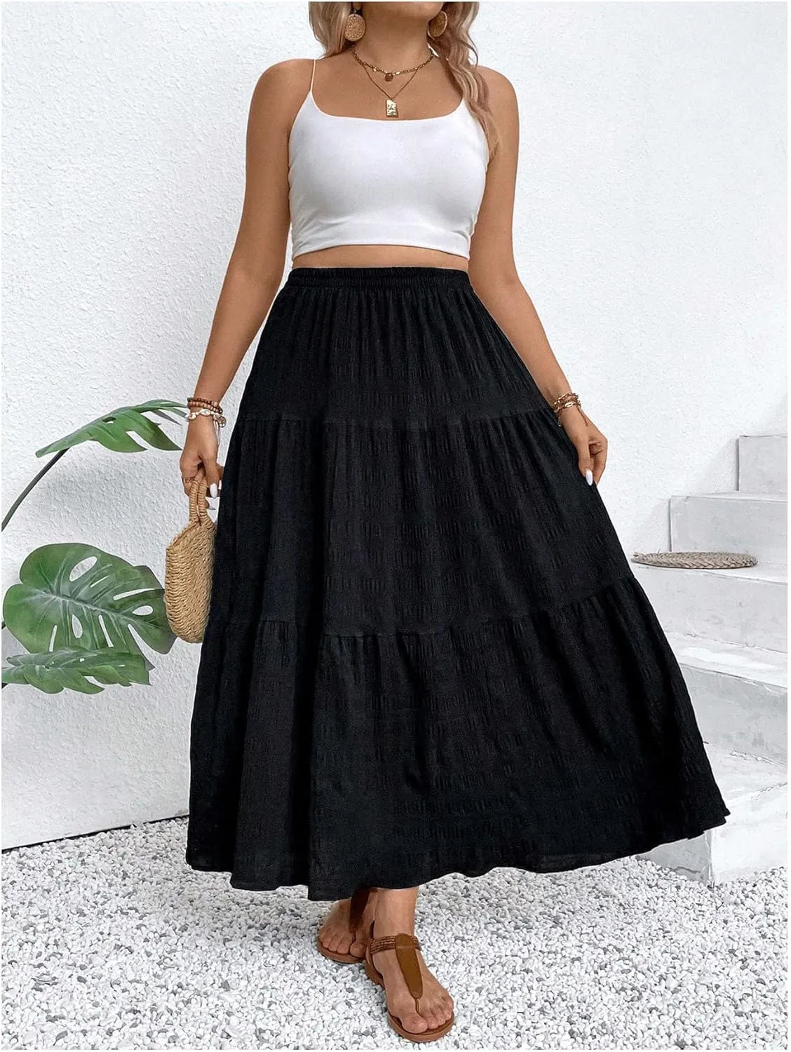 MakeMeChic Women's Plus Size Summer Maxi Skirt Tiered Ruffle Hem Flowy Long Skirts