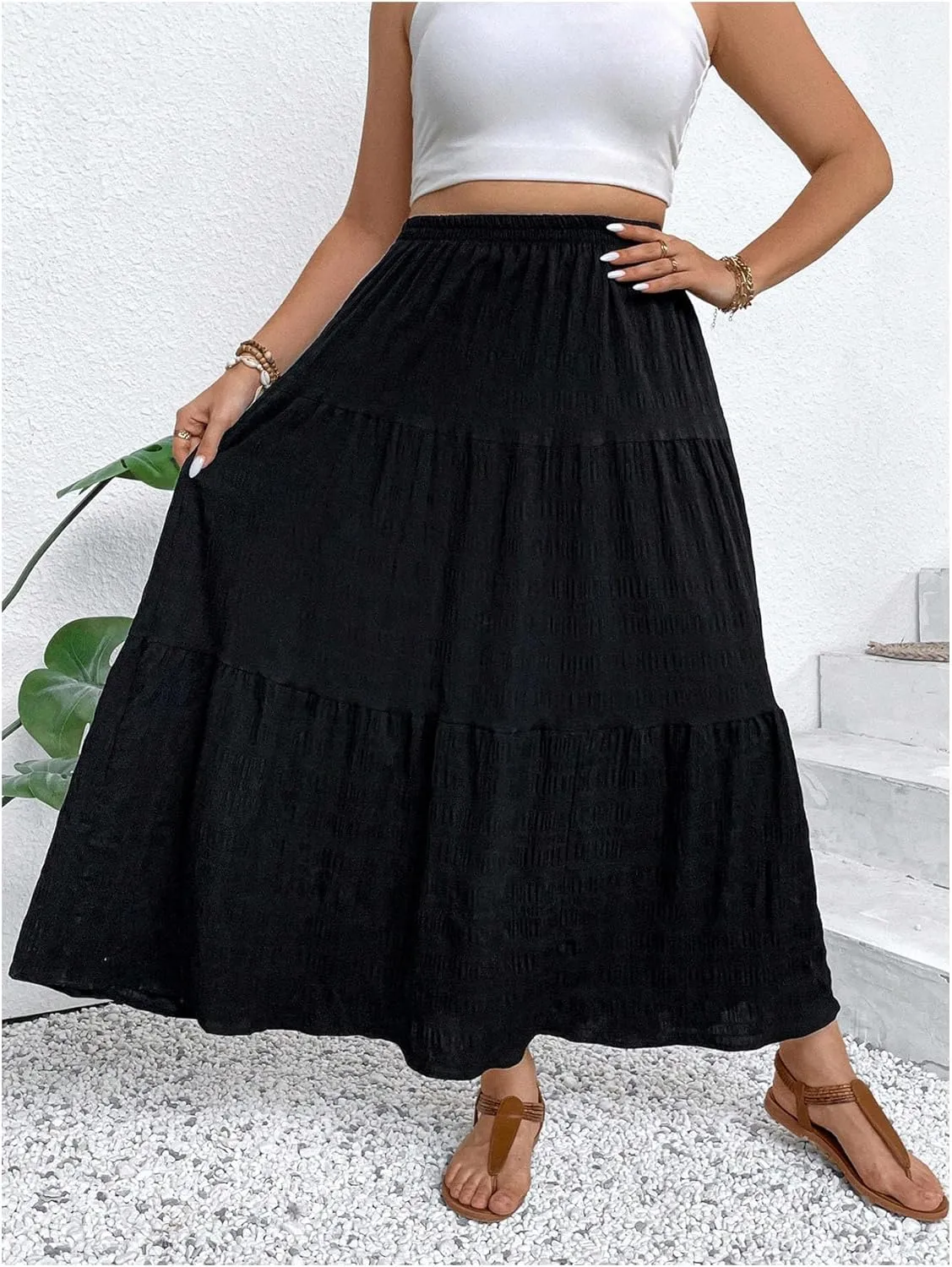 MakeMeChic Women's Plus Size Summer Maxi Skirt Tiered Ruffle Hem Flowy Long Skirts